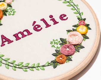 Custom Embroidered Name Artwork, Floral Embroidery, Baby Name Embroidery, New Baby Embroidery, Floral Hoop Art