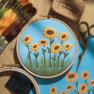 Sunflower Embroidery Kit, Sunflower Field, DIY Embroidery Kit, Floral Embroidery, Beginners Embroidery Kit, Embroidery Pattern image 1