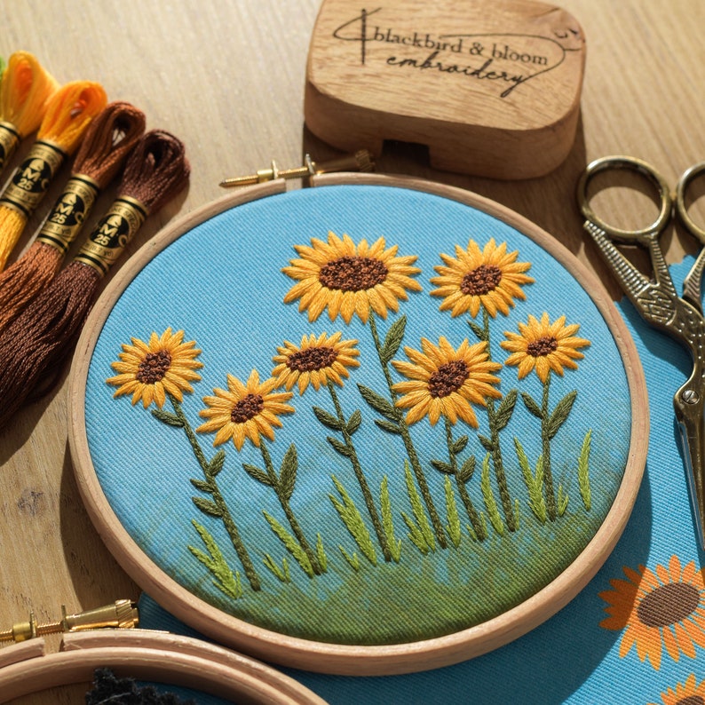 Sunflower Embroidery Kit, Sunflower Field, DIY Embroidery Kit, Floral Embroidery, Beginners Embroidery Kit, Embroidery Pattern image 3
