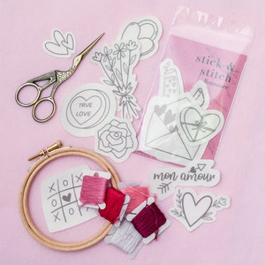 Romance Stick & Stitch Embroidery Patterns, Valentines Embroidery Transfer Patches, DIY Embroidery, Floral Embroidery