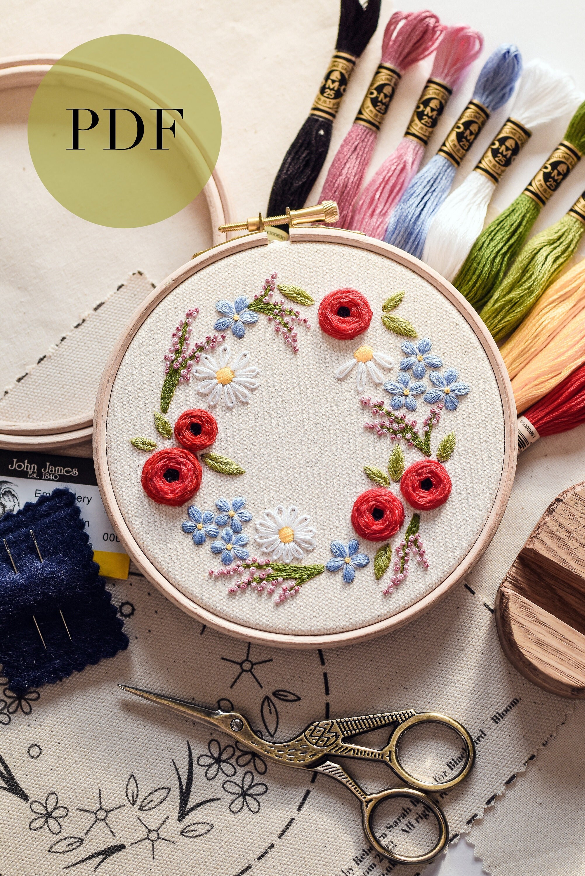 PDF Embroidery Pattern & Guide, Floral Embroidery Pattern, Wildflower