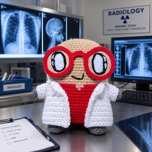 Puede incluir: Una figura de peluche tejida a ganchillo con cabeza color canela, grandes gafas de montura roja con ojos blancos y negros, torso rojo y bata de laboratorio blanca. La figura tiene pequeñas manos y pies grises y una boca negra cosida.