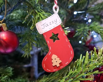 Calcetín navideño personalizado de madera, decoración para árbol, etiqueta de regalo