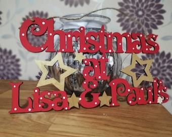 Letrero navideño personalizado de madera con nombre, decoración navideña hecha a mano