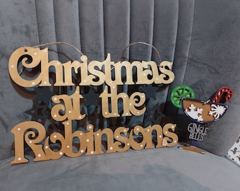 Letrero familiar navideño personalizado: colgante de pared de madera hecho a mano