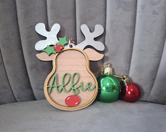 Adorno de árbol de Navidad personalizado de madera con forma de reno
