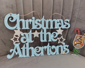 Letrero navideño personalizado con nombre familiar: decoración navideña de madera hecha a mano