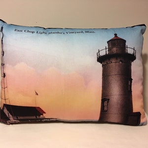 Colorful Lighthouse Pillow of East Chop Lighthouse in East Chop on Martha&#39;s Vineyard In Cotton Twill Featuring Day And Night Images