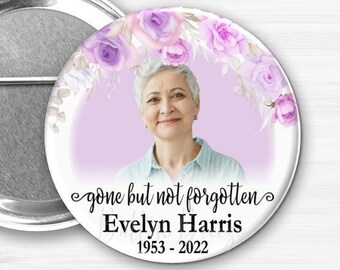 Personalized Purple Floral Memorial Photo Buttons, In loving Memory of, Funeral Memorial Picture Gift Pins,  Forever in Our Hearts