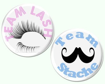 Mustache or Lash Gender Reveal Party Favors, Team Stache or Team Lash Party Pins, Gender Reveal Party Pins - BB1946