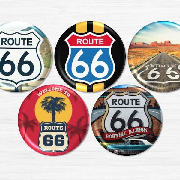 Set of 5 - Route 66 Highway Buttons, Historic Route 66 Pins, Car Show Buttons, Automobile Buttons, Route 66 Pinback Buttons - 2851