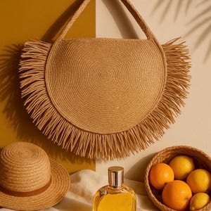 Sac croissant en jute avec franges en raphia - Sac fourre-tout bohème