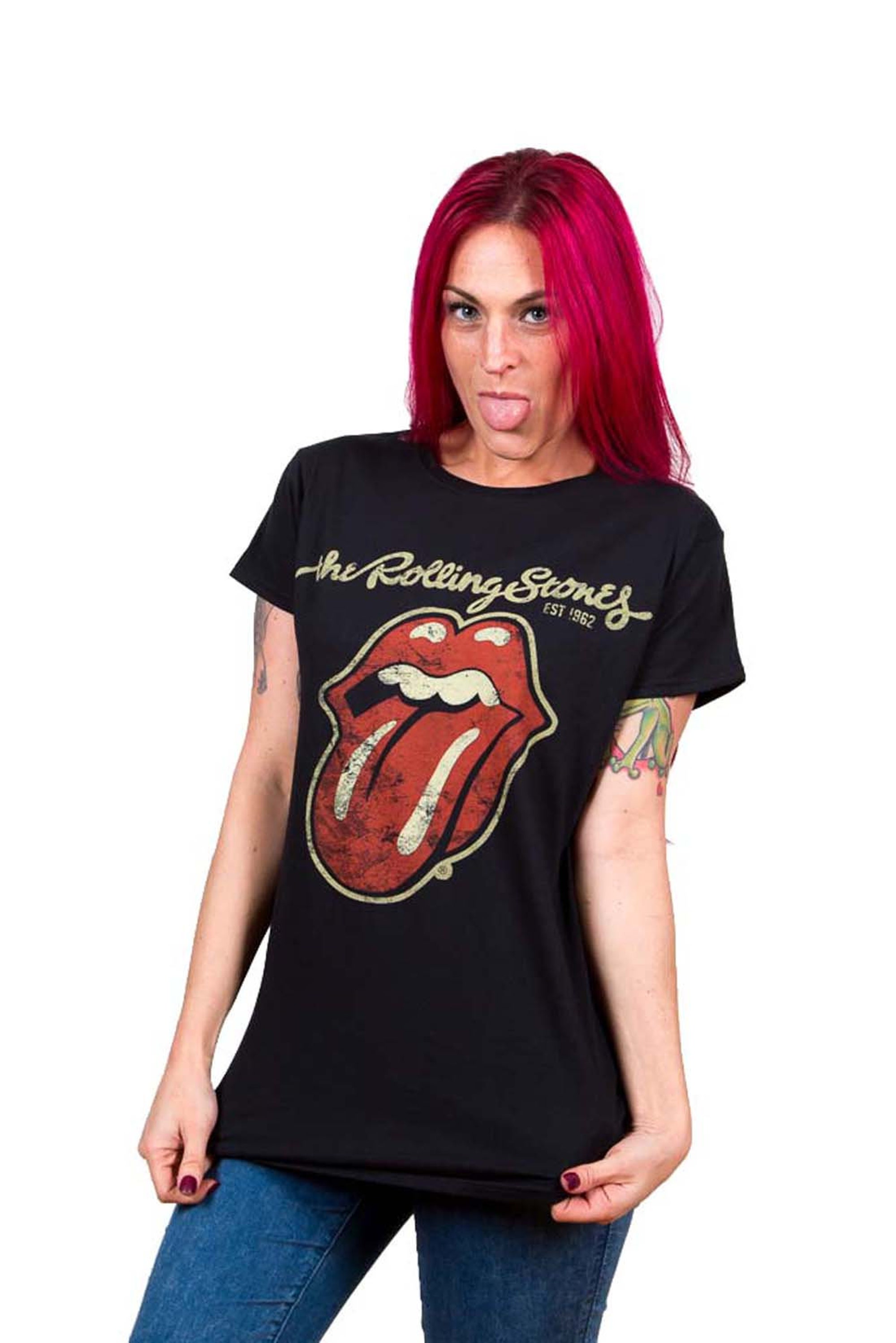 Ladies Rolling Stones Distressed Tongue Rock Tee T-Shirt