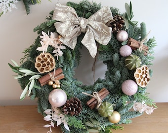 Fresh Christmas Wreath Rose gold theme with rustic bow