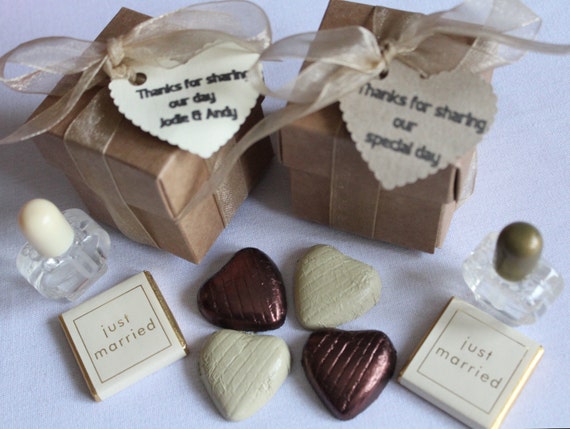 personalised with tags and part filled Rustic wedding favour boxes
