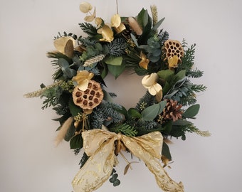 Fresh Christmas Wreath with gold eucalyptus