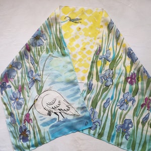 Summer in Louisiana. Purple Irises, Egret and Dragonflies free Hand-painted Silk Scarf Ready to Ship Free Shipping