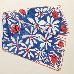 Abstract flowers Mid-cenrury style Hand-Painted 100% Habotai Silk 15x60&quot; Scarf Ready to Ship Free Shipping