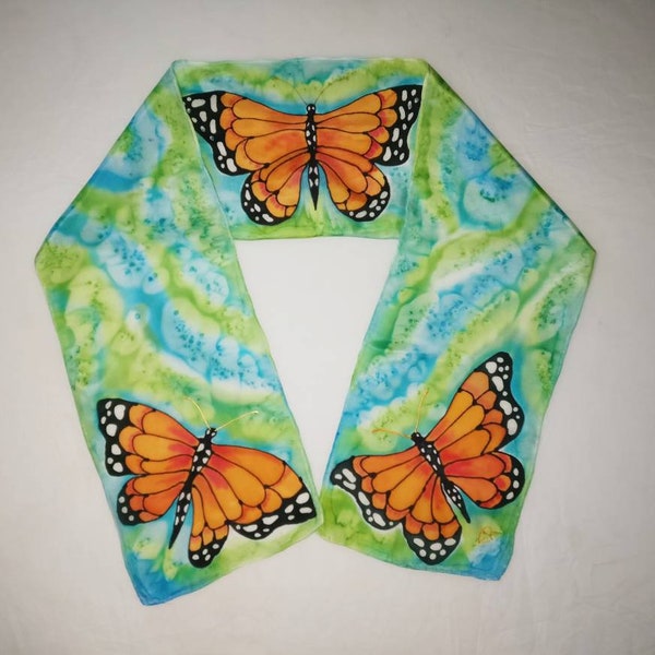 Monarch Butterflies on Green Background Hand Painted 100% Habotai Silk Orange Black White Green Scarf Free Shipping