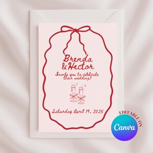 Rote Schleife Hochzeitseinladung Vorlage | Canva bearbeitbare Champagnergläser Einladen | 5x7 Moderne Doodle Brautparty-Empfang Download Scribble