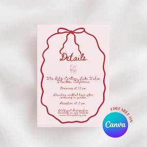 Bearbeitbare Hochzeitsdetails Card Canva Template, Scribble Doodle Bow Design, Illustrative Handgezeichnete Style Insert, Red Ribbon Invite Download