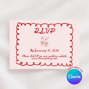 Antwortkarte Vorlage Canva, bearbeitbare Hochzeit Antwortkarte, Doodle Scribble Illustration Design, rote wunderliche druckbare Karte, Sofort Download