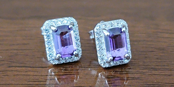 Sterling Silver Amethyst Stud Earrings with Lab Created Sapphire