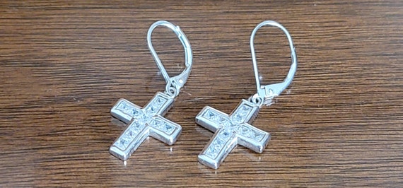 Sterling Silver Pierced Dangle Cross Earrings  - … - image 1