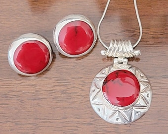 Vintage Sterling Silver Jasper Jewelry Set: Mexican Necklace and Earrings