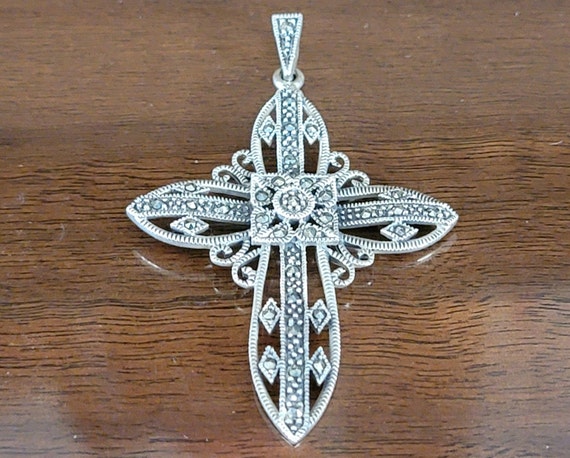 Sterling Silver Cross Pendant With Marcasite  - S… - image 1