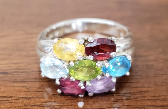 Sterling Silver Ring With Multiple Colored Gem St… - image 1