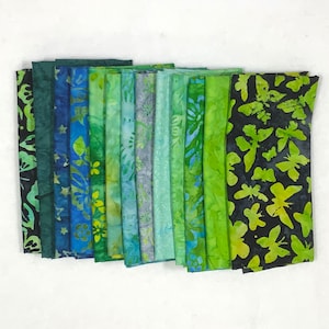 POUND PACK PLUS #1189 Greens, Blues, and Greys 100% Cotton Batiks & Handpaints Fabric Scraps Bundle Package ooak