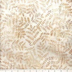 May include: A white fabric with a brown fern pattern. The fabric has a subtle watercolor effect.