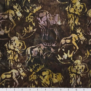 May include: A brown fabric with a repeating pattern of stylized moose silhouettes in shades of brown, beige, and white.