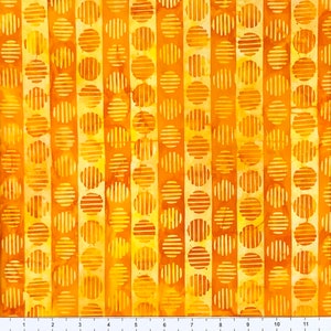 May include: A yellow and orange fabric with a repeating pattern of circles and stripes. The circles are filled with stripes and the stripes are solid.