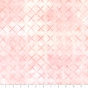 May include: A pink and white fabric with a subtle diamond pattern made of small, light pink dots. The fabric has a watercolor-like effect.