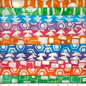 May include: A stack of 10 fabric strips with different patterns and colors. The patterns include geometric shapes, trees, and hexagons. The colors include orange, green, blue, purple, pink, and white.