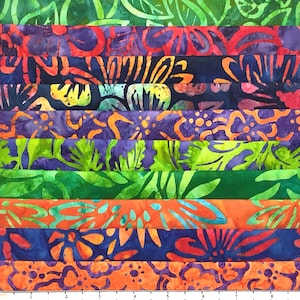 May include: A collection of colorful fabric strips with floral and abstract patterns. The fabrics feature a variety of colors, including green, orange, purple, and blue. The patterns include stylized flowers and organic shapes, creating a vibrant and artistic display.