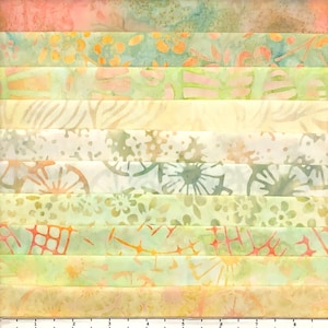 May include: A collection of colorful fabric strips with floral and abstract patterns. The fabrics feature a range of colors, including pink, green, yellow, and orange. The patterns include flowers, leaves, and geometric shapes. The fabrics are arranged in horizontal rows.