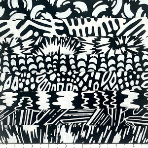 May include: A black and white abstract pattern design. The design is composed of various shapes and lines, creating a visually striking and modern aesthetic. The pattern is suitable for fabric, wallpaper, or other design applications.