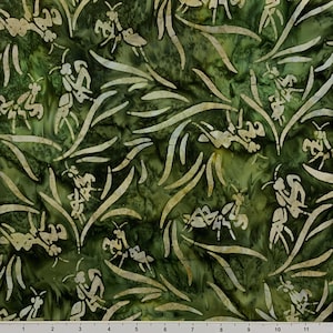 May include: A fabric with a repeating pattern of stylized praying mantises and long, curved leaves. The background is a mottled dark green, with the mantises and leaves in a light beige color. The design has a batik-like appearance.