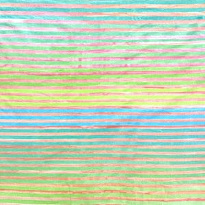May include: Abstract textile with horizontal stripes in shades of green, pink, blue, and coral. The pattern is a watercolor-like design, with varying widths and slight imperfections, creating a textured appearance.