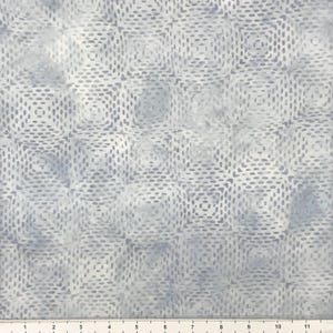 May include: A white fabric with a subtle blue pattern of overlapping circles and squares. The pattern creates a subtle optical illusion.