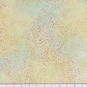 May include: A light yellow fabric with a subtle green watercolor effect and a pattern of small, brown teardrop shapes.