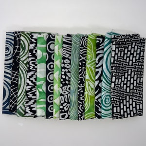 POUND PACK PLUS 499 Black, White, Greens, and Blue 100% Cotton Batiks & Handpaints Fabric Scraps Bundle Package ooak