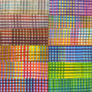 May include: Abstract artwork featuring a grid of colorful, checkered patterns. The squares display a variety of hues, including blue, green, yellow, red, and purple. The artwork has a textured appearance, with visible brushstrokes.