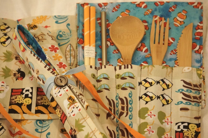 Sushi and Surf Boards-Bamboo Utensils Steel Straw /& Napkin-Crafty Cutlery Kit