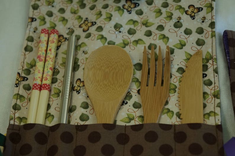 Stainless Steel Straw /& Napkin-Crafty Cutlery Kit Brown Polka Dot-Bamboo Utensils