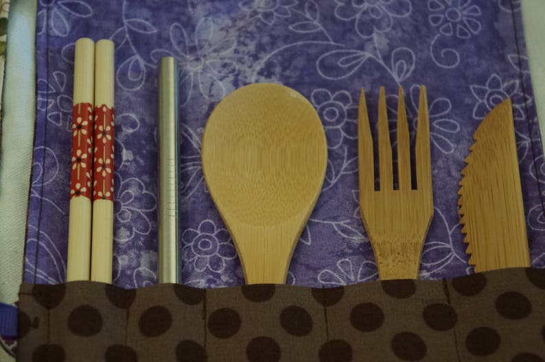 Stainless Steel Straw /& Napkin-Crafty Cutlery Kit Brown Polka Dot-Bamboo Utensils