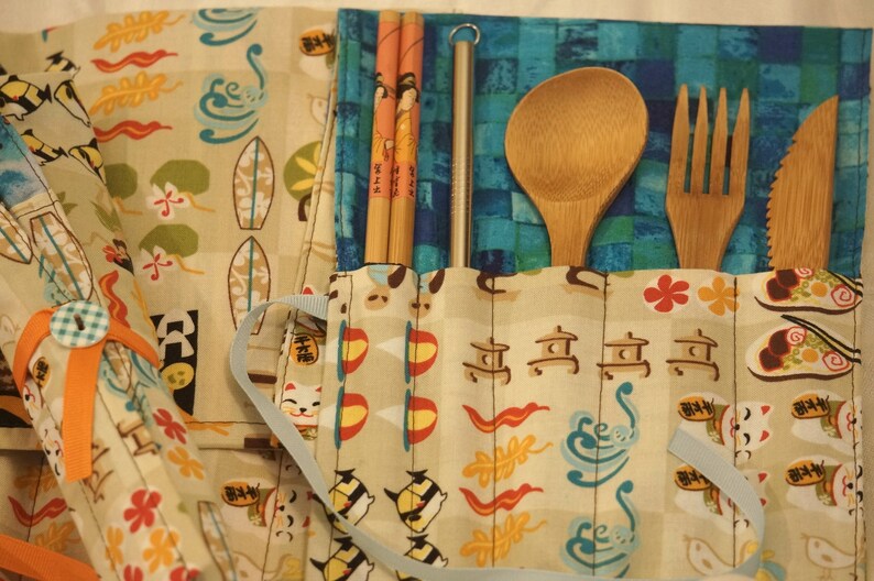 Sushi and Surf Boards-Bamboo Utensils Steel Straw /& Napkin-Crafty Cutlery Kit